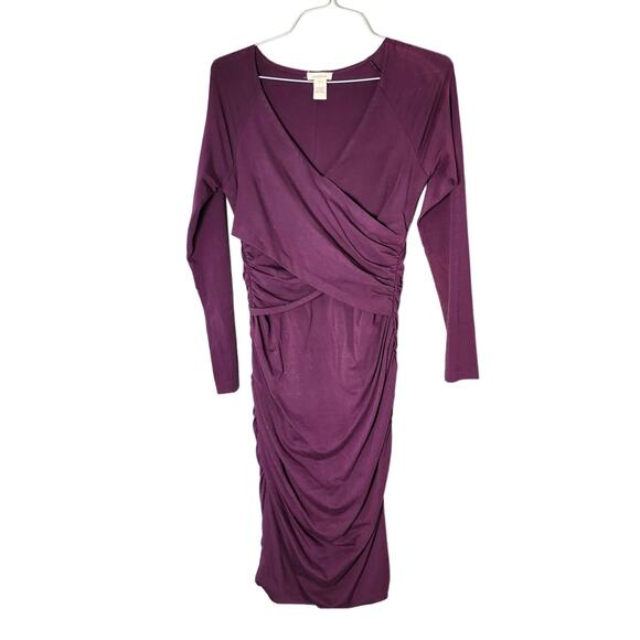 Sundance Ruched Bodycon Midi Dress Size Medium Plum Purple Stretch - Picture 1 of 3